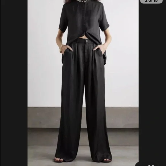 Anine Bing Carla Pleated Twill Wide Leg Trousers Pants Linen Blend Black Size 34 - Picture 2 of 13